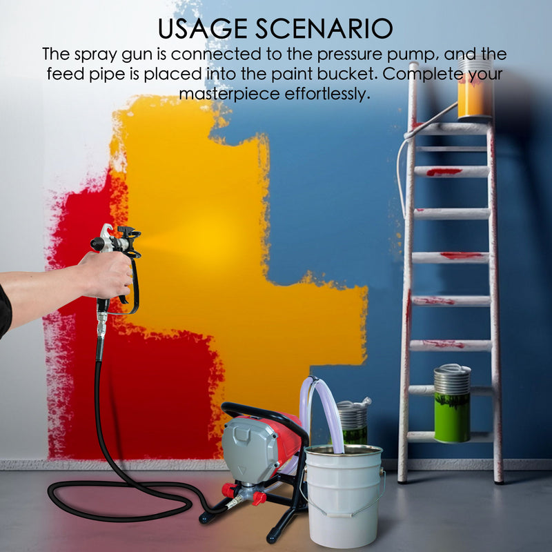 Airless Paint Sprayer in Action for Efficient Wall Painting.Hand using an airless paint sprayer connected to a pressure pump, painting a wall with red, yellow, and blue colors, with a ladder and paint cans nearby. airless paint sprayer, wall painting, pressure pump, spray gun, efficient painting, DIY home improvement, painting tools





