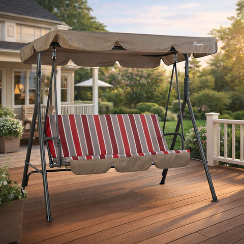 Kozyard 3-Person Outdoor Swing Glider with Canopy, Sturdy Steel Frame, Soft Fabric Seats, Patio Swing with Cup Holders for Relaxing with Pets in Backyard, Porch
