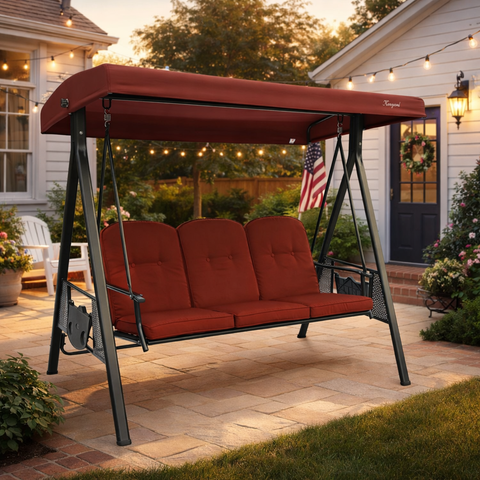 Kozyard 3-Seat Outdoor Swing - Navy blue cushions, weather-resistant polyester canopy & heavy-duty steel frame, with side tables; ideal for patio, backyard relaxation, blending comfort & durable outdoor design
