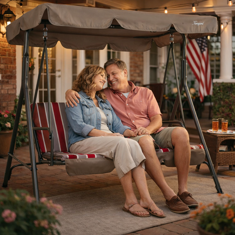 Kozyard 3-Seater Outdoor Swing with Scalloped Tilt Canopy, Durable Steel Frame, Comfortable Mesh Fabric Seats, Patio Glider Swing for Family Time on Deck, Porch
