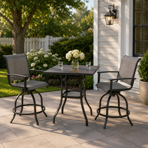 Kozyard 3-Piece Patio Bar Set with 2 Swivel Bar Chairs, Counter Height Outdoor Bistro Table Set with Marble-Look Tabletop & Storage Shelves, All-Weather Patio Furniture for Balcony, Backyard, Poolside