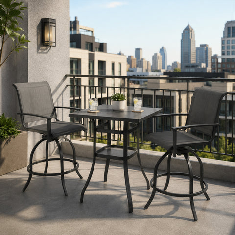 Kozyard 3-Piece Patio Bar Set with 2 Swivel Bar Chairs, Counter Height Outdoor Bistro Table Set with Marble-Look Tabletop & Storage Shelves, All-Weather Patio Furniture for Balcony, Backyard, Poolside