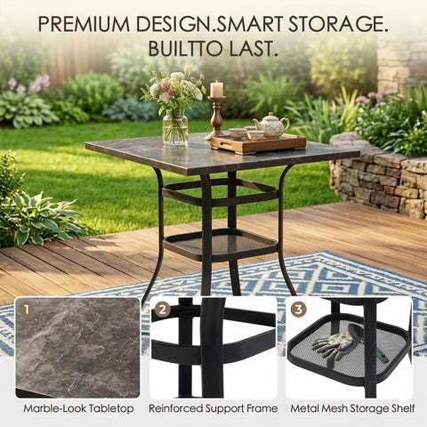 Kozyard 3-Piece Patio Bar Set with 2 Swivel Bar Chairs, Counter Height Outdoor Bistro Table Set with Marble-Look Tabletop & Storage Shelves, All-Weather Patio Furniture for Balcony, Backyard, Poolside