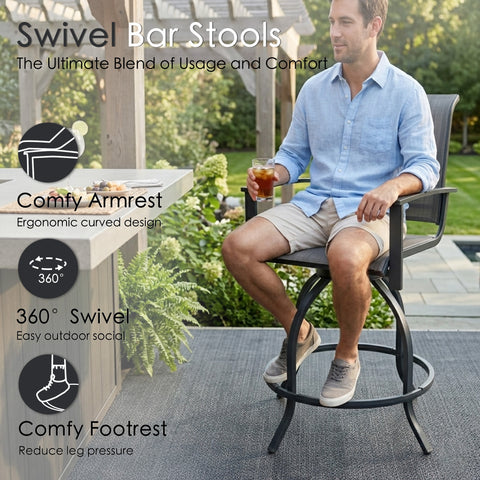 Kozyard 3-Piece Patio Bar Set with 2 Swivel Bar Chairs, Counter Height Outdoor Bistro Table Set with Marble-Look Tabletop & Storage Shelves, All-Weather Patio Furniture for Balcony, Backyard, Poolside