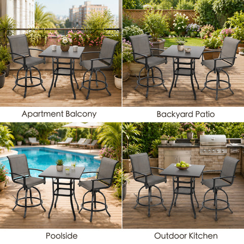 Kozyard 3-Piece Patio Bar Set with 2 Swivel Bar Chairs, Counter Height Outdoor Bistro Table Set with Marble-Look Tabletop & Storage Shelves, All-Weather Patio Furniture for Balcony, Backyard, Poolside