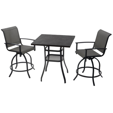 Kozyard 3-Piece Patio Bar Set with 2 Swivel Bar Chairs, Counter Height Outdoor Bistro Table Set with Marble-Look Tabletop & Storage Shelves, All-Weather Patio Furniture for Balcony, Backyard, Poolside