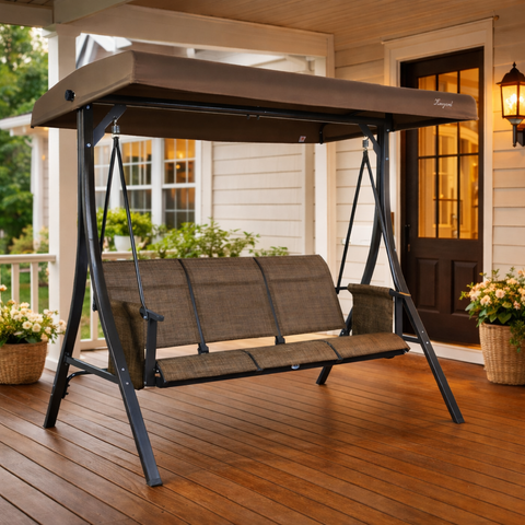 Kozyard 3-Seat Patio Swing with Adjustable Sun Canopy, Heavy-Duty Steel Stand, Weatherproof Fabric, Outdoor Porch Swing for Relaxing in Garden, Backyard