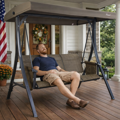 Kozyard 3-Seat Outdoor Patio Swing with Adjustable Canopy, Heavy-Duty Steel Frame, Breathable Fabric Seats, Porch Swing Glider with Side Pockets for Backyard, Deck, Garden