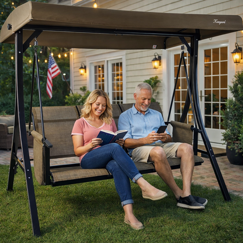 Kozyard 3-Person Patio Swing Chair with UV-Resistant Canopy, Sturdy Steel Construction, Weather-Resistant Fabric Cushions, Outdoor Swing Bench for Relaxing on Porch, Yard