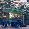 Green Cantilever Patio Umbrella in Outdoor Setting (Base Not Included)
A green cantilever patio umbrella set up on a deck with blue outdoor chairs and a table, noted that the umbrella base is not included. Keywords: cantilever patio umbrella, outdoor umbrella, umbrella base not included
