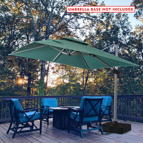 Green Cantilever Patio Umbrella in Outdoor Setting (Base Not Included)
A green cantilever patio umbrella set up on a deck with blue outdoor chairs and a table, noted that the umbrella base is not included. Keywords: cantilever patio umbrella, outdoor umbrella, umbrella base not included
