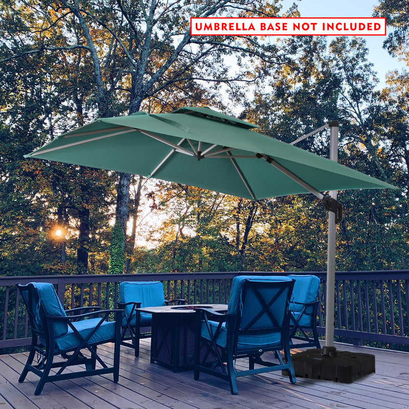 Green Cantilever Patio Umbrella in Outdoor Setting (Base Not Included)
A green cantilever patio umbrella set up on a deck with blue outdoor chairs and a table, noted that the umbrella base is not included. Keywords: cantilever patio umbrella, outdoor umbrella, umbrella base not included
