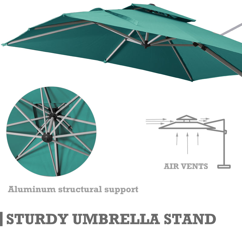 Sturdy Green Cantilever Patio Umbrella with Air Vents
A green cantilever patio umbrella featuring aluminum structural support and air vents for stability. Keywords: sturdy patio umbrella, aluminum support, air vents
