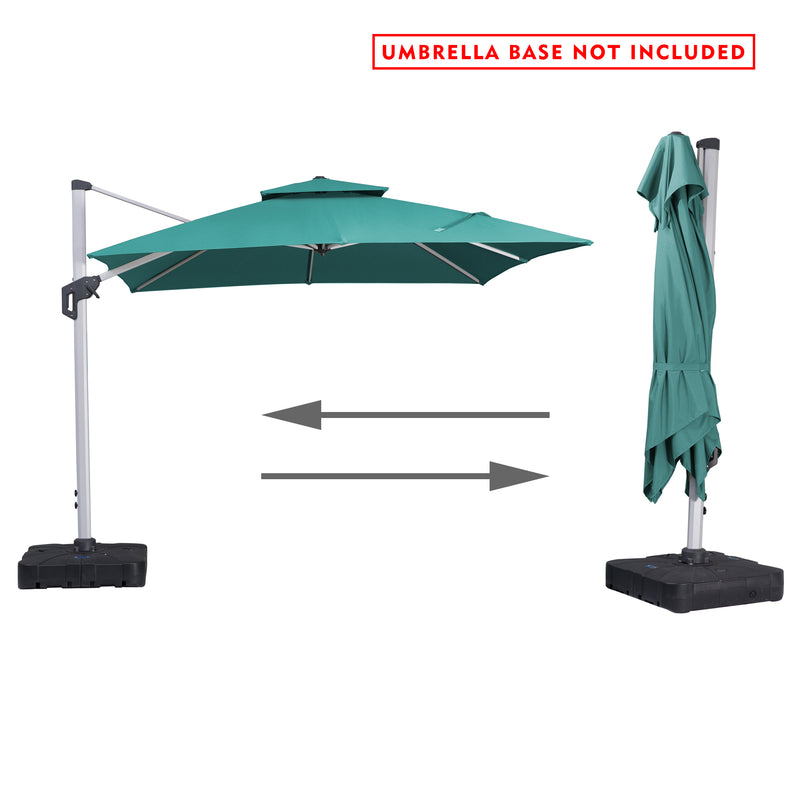 Green Cantilever Patio Umbrella with Easy Open - Close Feature (Base Not Included)
A green cantilever patio umbrella demonstrating its open and closed states, with a note that the umbrella base is not included. Keywords: cantilever patio umbrella, open - close feature, umbrella base not included