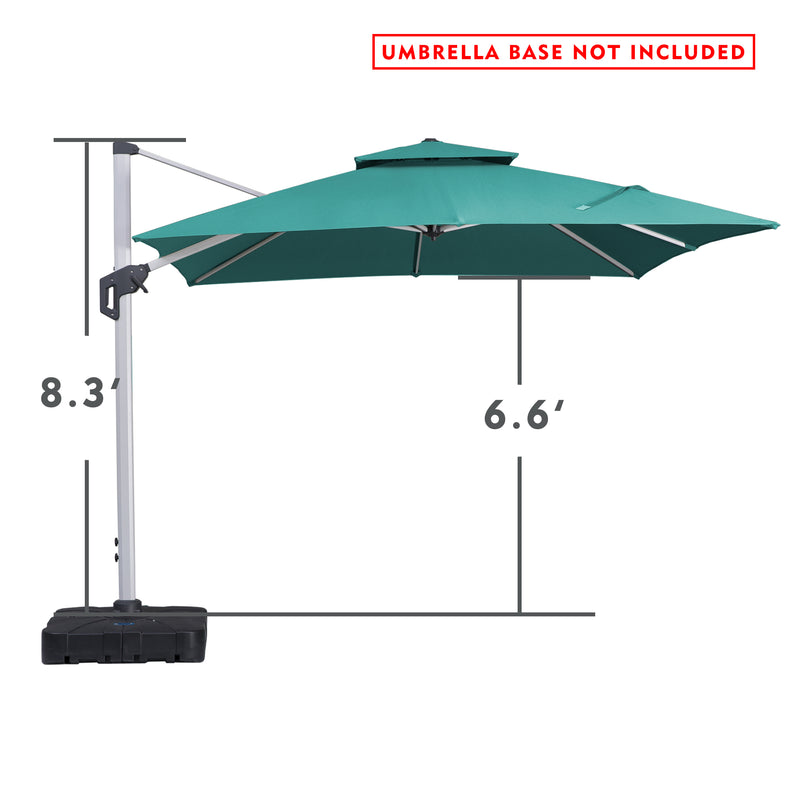 Dimensions of Green Cantilever Patio Umbrella (Base Not Included)
A green cantilever patio umbrella with labeled dimensions, indicating its height and canopy clearance, and noting that the umbrella base is not included. Keywords: cantilever patio umbrella, umbrella dimensions, umbrella base not included