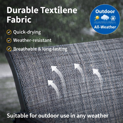 Kozyard outdoor patio furniture with durable textilene fabric, all-weather, quick-drying, breathable and long-lasting material, designed for outdoor use in rain, sun and snow

