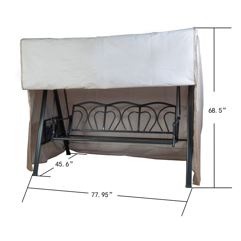 This image shows a protective cover for a swing chair. The cover is light - colored and drapes over the swing chair's frame and seating area. Dimensions are provided: 45.6 inches in width at the base, 77.95 inches in length, and 68.5 inches in height. The swing chair's ornate metal frame is partially visible beneath the cover. Swing Chair Protective Cover with Dimensions. swing chair cover, protective cover for outdoor swing, light - colored cover, swing chair dimensions, outdoor furniture protection