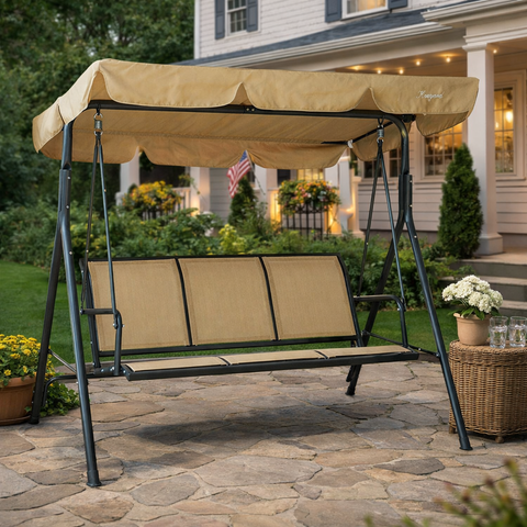 Kozyard 3-Person Outdoor Canopy Porch Swing Chair, Breathable Textilene Armrest Seat, Adjustable Shade, Heavy-Duty Powder-Coated Steel Frame Swing for Patio, Backyard, Poolside & Balcony