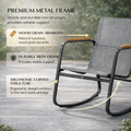 Kozyard premium metal frame rocking chair, durable iron structure with ergonomic curved design, wood-grain armrests, breathable textilene fabric for reliable outdoor support and comfort
