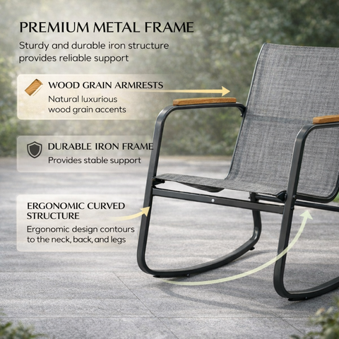 Kozyard premium metal frame rocking chair, durable iron structure with ergonomic curved design, wood-grain armrests, breathable textilene fabric for reliable outdoor support and comfort
