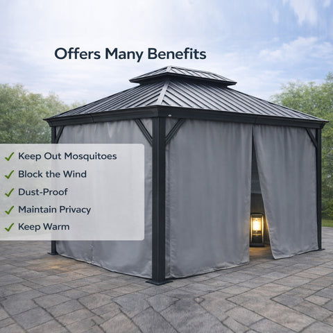 Kozyard gazebo curtain multi-benefits: Light beige gazebo curtain (durable fabric) – offers mosquito protection, wind blocking, dust resistance, privacy & warmth for comfortable outdoor gazebo use.
