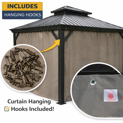 Kozyard gazebo curtain: Beige outdoor gazebo curtain includes durable hanging hooks – made of sturdy fabric, easy to install for patio gazebo enclosure, enhancing outdoor living comfort.
