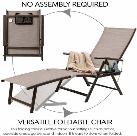 Kozyard Outdoor Folding Chaise Lounge: No assembly required, foldable design with built-in cup holder; durable textilene fabric & sturdy metal frame—suitable for patios, poolside, gardens & indoors, easy to store when folded for versatile relaxation.
