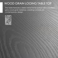 A close - up image of a tabletop with a wood grain pattern in a modern gray color. The text "WOOD GRAIN LOOKING TABLE TOP" at the top highlights the design feature. Below, it describes how the table combines a sleek metal frame with this contemporary gray wood - grain tabletop for a simple yet stylish look. Modern Gray Wood - Grain Looking Tabletop for Outdoor Furniture. wood grain tabletop, gray outdoor table, sleek metal - framed table, contemporary table design, outdoor furniture tabletop.