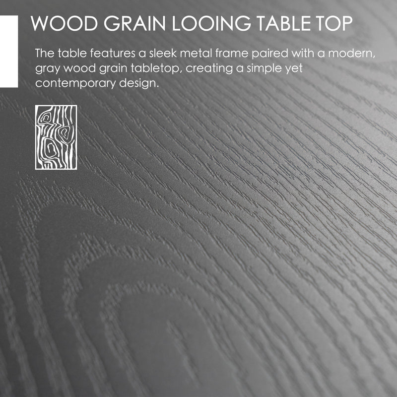 A close - up image of a tabletop with a wood grain pattern in a modern gray color. The text "WOOD GRAIN LOOKING TABLE TOP" at the top highlights the design feature. Below, it describes how the table combines a sleek metal frame with this contemporary gray wood - grain tabletop for a simple yet stylish look. Modern Gray Wood - Grain Looking Tabletop for Outdoor Furniture. wood grain tabletop, gray outdoor table, sleek metal - framed table, contemporary table design, outdoor furniture tabletop.