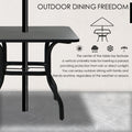 A close - up of an outdoor dining table with a central umbrella hole. The text "OUTDOOR DINING FREEDOM" is prominently displayed at the top. Icons representing sun, rain, snow, and an umbrella, along with descriptive text, explain that the umbrella hole allows for the insertion of a parasol, protecting against rain and direct sunlight, enabling enjoyable outdoor dining in any weather. Outdoor Dining Table with Umbrella Hole for All - Weather Use. outdoor dining table, umbrella hole, all - weather dining.