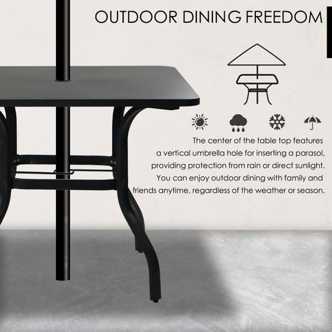 A close - up of an outdoor dining table with a central umbrella hole. The text "OUTDOOR DINING FREEDOM" is prominently displayed at the top. Icons representing sun, rain, snow, and an umbrella, along with descriptive text, explain that the umbrella hole allows for the insertion of a parasol, protecting against rain and direct sunlight, enabling enjoyable outdoor dining in any weather. Outdoor Dining Table with Umbrella Hole for All - Weather Use. outdoor dining table, umbrella hole, all - weather dining.