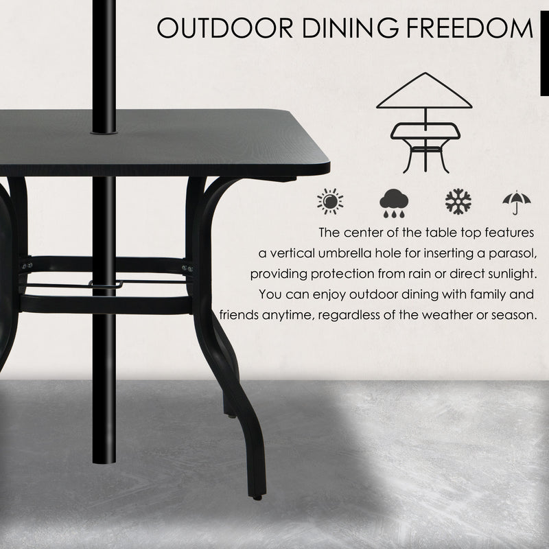 A close - up of an outdoor dining table with a central umbrella hole. The text "OUTDOOR DINING FREEDOM" is prominently displayed at the top. Icons representing sun, rain, snow, and an umbrella, along with descriptive text, explain that the umbrella hole allows for the insertion of a parasol, protecting against rain and direct sunlight, enabling enjoyable outdoor dining in any weather. Outdoor Dining Table with Umbrella Hole for All - Weather Use. outdoor dining table, umbrella hole, all - weather dining.