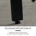 A close - up view of the adjustable foot of a table or chair. The text "ADJUSTABLE FEET FOR STABILITY" is prominently displayed above. Below the image, it explains that the adjustable screws on the feet are designed to adapt to uneven ground and prevent scratching. Adjustable Feet for Stable Outdoor Furniture. adjustable feet, outdoor furniture, stability, uneven ground adjustment, scratch - prevention.