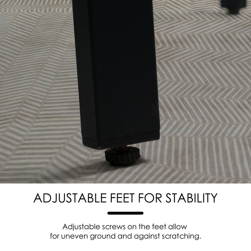 A close - up view of the adjustable foot of a table or chair. The text "ADJUSTABLE FEET FOR STABILITY" is prominently displayed above. Below the image, it explains that the adjustable screws on the feet are designed to adapt to uneven ground and prevent scratching. Adjustable Feet for Stable Outdoor Furniture. adjustable feet, outdoor furniture, stability, uneven ground adjustment, scratch - prevention.