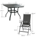 This image showcases the dimensions of an outdoor table and chair set. The square table measures 35 7/16 inches on each side and stands 29 1/8 inches tall, with a central hole likely for an umbrella. The folding chair has various measured dimensions, including a width of 20 7/16 inches at the base, a seat width of 17 11/16 inches, and a height of 40 15/16 inches. Both pieces feature a sleek, dark - colored design. Outdoor Table and Chair Set with Dimensions. outdoor furniture set, square patio table.