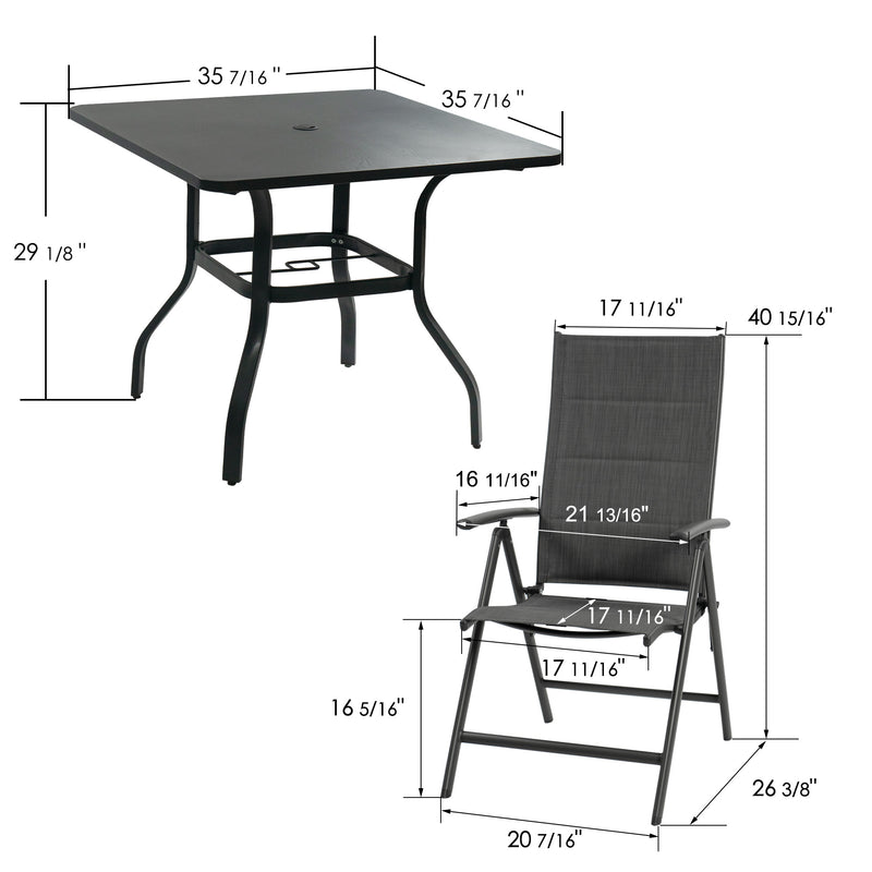 This image showcases the dimensions of an outdoor table and chair set. The square table measures 35 7/16 inches on each side and stands 29 1/8 inches tall, with a central hole likely for an umbrella. The folding chair has various measured dimensions, including a width of 20 7/16 inches at the base, a seat width of 17 11/16 inches, and a height of 40 15/16 inches. Both pieces feature a sleek, dark - colored design. Outdoor Table and Chair Set with Dimensions. outdoor furniture set, square patio table.