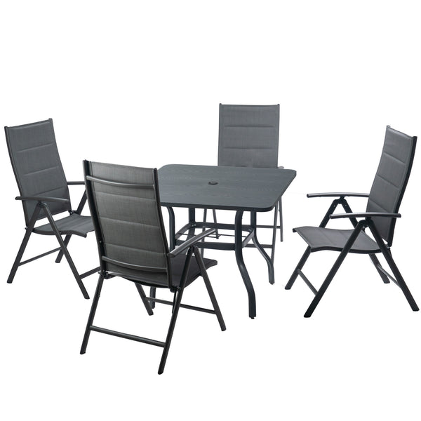 A set of outdoor patio furniture consisting of a square - shaped table with a central hole, likely for an umbrella, and four folding chairs. The table and chairs have a sleek, modern design with dark gray fabric seats and backs, and black metal frames. Modern Outdoor Patio Table and Chair Set .outdoor patio furniture set, square patio table, folding chairs, dark gray fabric seats, black metal frame