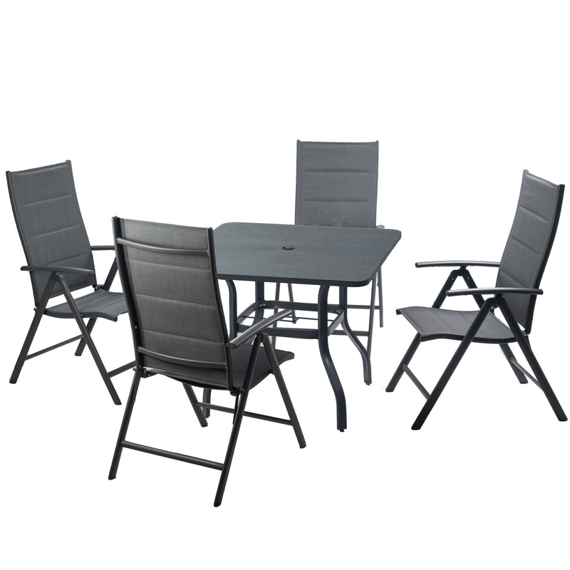 A set of outdoor patio furniture consisting of a square - shaped table with a central hole, likely for an umbrella, and four folding chairs. The table and chairs have a sleek, modern design with dark gray fabric seats and backs, and black metal frames. Modern Outdoor Patio Table and Chair Set .outdoor patio furniture set, square patio table, folding chairs, dark gray fabric seats, black metal frame