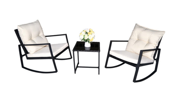 Charming Outdoor Rocking Chair Set
alt text：A delightful outdoor set featuring two rocking chairs with plush white cushions and a small black side table adorned with a vase of flowers. Ideal for patio relaxation. Keywords: outdoor rocking chairs, patio set, cushioned seating