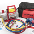 KOZYVACU vacuum pump kit with manifold gauge, hoses, oil, and carrying bag; R134a can not included. KOZYVACU vacuum pump, manifold gauge, hoses, vacuum pump oil, carrying bag, R134a. KOZYVACU Vacuum Pump Kit with Manifold Gauge and Hoses - R134a Not Included. KOZYVACU vacuum pump, manifold gauge, hoses, vacuum pump oil, carrying bag, R134a.