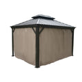 An outdoor double - top gazebo featuring a dark - colored metal roof and attached tan fabric curtains. The curtains surround the gazebo, providing a shaded and private outdoor space. Double - Top Gazebo: Brown Curtains for Privacy. Double - Hard Top Gazebo: Brown Curtains Enhance Outdoor Shelter.double - top gazebo, outdoor gazebo, brown curtains, privacy curtains, gazebo curtains