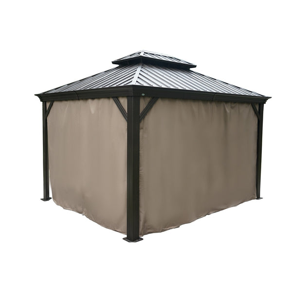 An outdoor double - top gazebo featuring a dark - colored metal roof and attached tan fabric curtains. The curtains surround the gazebo, providing a shaded and private outdoor space. Double - Top Gazebo: Brown Curtains for Privacy. Double - Hard Top Gazebo: Brown Curtains Enhance Outdoor Shelter.double - top gazebo, outdoor gazebo, brown curtains, privacy curtains, gazebo curtains
