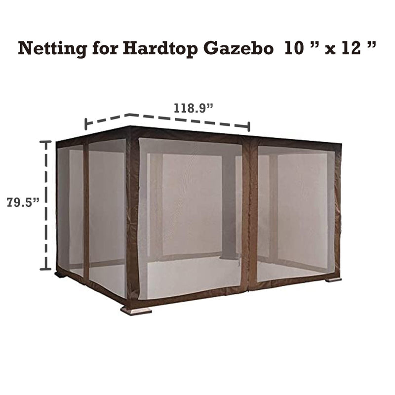A mosquito net designed for a 10" x 12" hardtop gazebo. The netting is attached to a dark - colored frame, with dimensions marked as 79.5" in height and 118.9" in length. The netting provides a protective barrier against insects, ensuring an insect - free environment inside the gazebo. 10' x 12' Hardtop Gazebo Mosquito Netting: Insect Protection. 10' x 12' Hardtop Gazebo Mosquito Netting: Insect Protection.