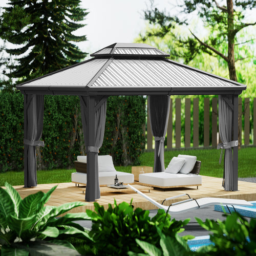 Kozyard Hardtop Gazebo with curtains and outdoor seating on a deck