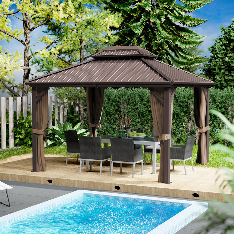 Kozyard Hardtop Gazebo - Permanent Metal Pavilion with Netting and Shaded Curtains for Patio, Backyard, and Deck - Galvanized Steel Outdoor Aluminum Canopy, Double Roof Gazebo