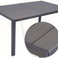 A rectangular outdoor dining table with a dark brown frame and a composite wood - like tabletop. The table features a slatted design, and the inset close - up highlights the texture and finish of the tabletop material.Rectangular Outdoor Dining Table with Dark Brown Frame and Composite Wood Top.  rectangular dining table, outdoor table, dark brown frame, composite wood tabletop, slatted design.