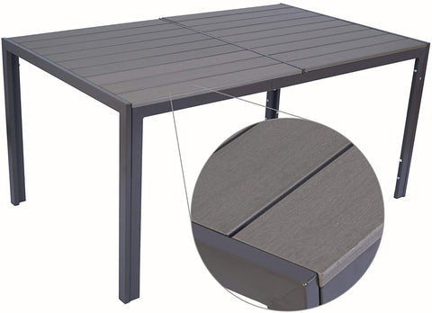 A rectangular outdoor dining table with a dark brown frame and a composite wood - like tabletop. The table features a slatted design, and the inset close - up highlights the texture and finish of the tabletop material.Rectangular Outdoor Dining Table with Dark Brown Frame and Composite Wood Top.  rectangular dining table, outdoor table, dark brown frame, composite wood tabletop, slatted design.