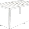 A technical sketch of a rectangular outdoor dining table made of composite wood - like material. The table has a sleek design with straight legs and a slatted tabletop. Dimensions are provided: 28.3 inches in height, 35.6 inches in width, and 58.9 inches in length. Rectangular Outdoor Dining Table: Dimensions and Design Sketch. rectangular dining table, outdoor table, composite wood table, table dimensions, slatted tabletop.
