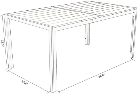 A technical sketch of a rectangular outdoor dining table made of composite wood - like material. The table has a sleek design with straight legs and a slatted tabletop. Dimensions are provided: 28.3 inches in height, 35.6 inches in width, and 58.9 inches in length. Rectangular Outdoor Dining Table: Dimensions and Design Sketch. rectangular dining table, outdoor table, composite wood table, table dimensions, slatted tabletop.