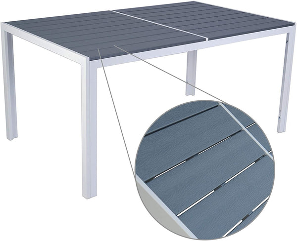 A rectangular outdoor dining table with a sleek white frame and a dark grey composite wood - like tabletop. The close - up detail highlights the textured slats of the tabletop, emphasizing its durable and stylish design.Rectangular Outdoor Dining Table with White Frame and Composite Wood Top. rectangular dining table, outdoor table, white frame, composite wood tabletop, textured slats
